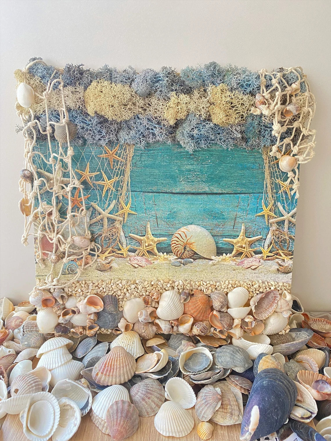 Sea Symphony Artwork Frame Moss Sea Shells Fishing Net Fishеrmаn