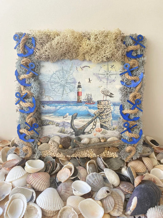 Lighthouse in the Ocean Frame Scandinavian Moss Sea Shells Anchor Sand Rock Blue White Bird Summer Gift Art Design Wedding Birthday Handmade